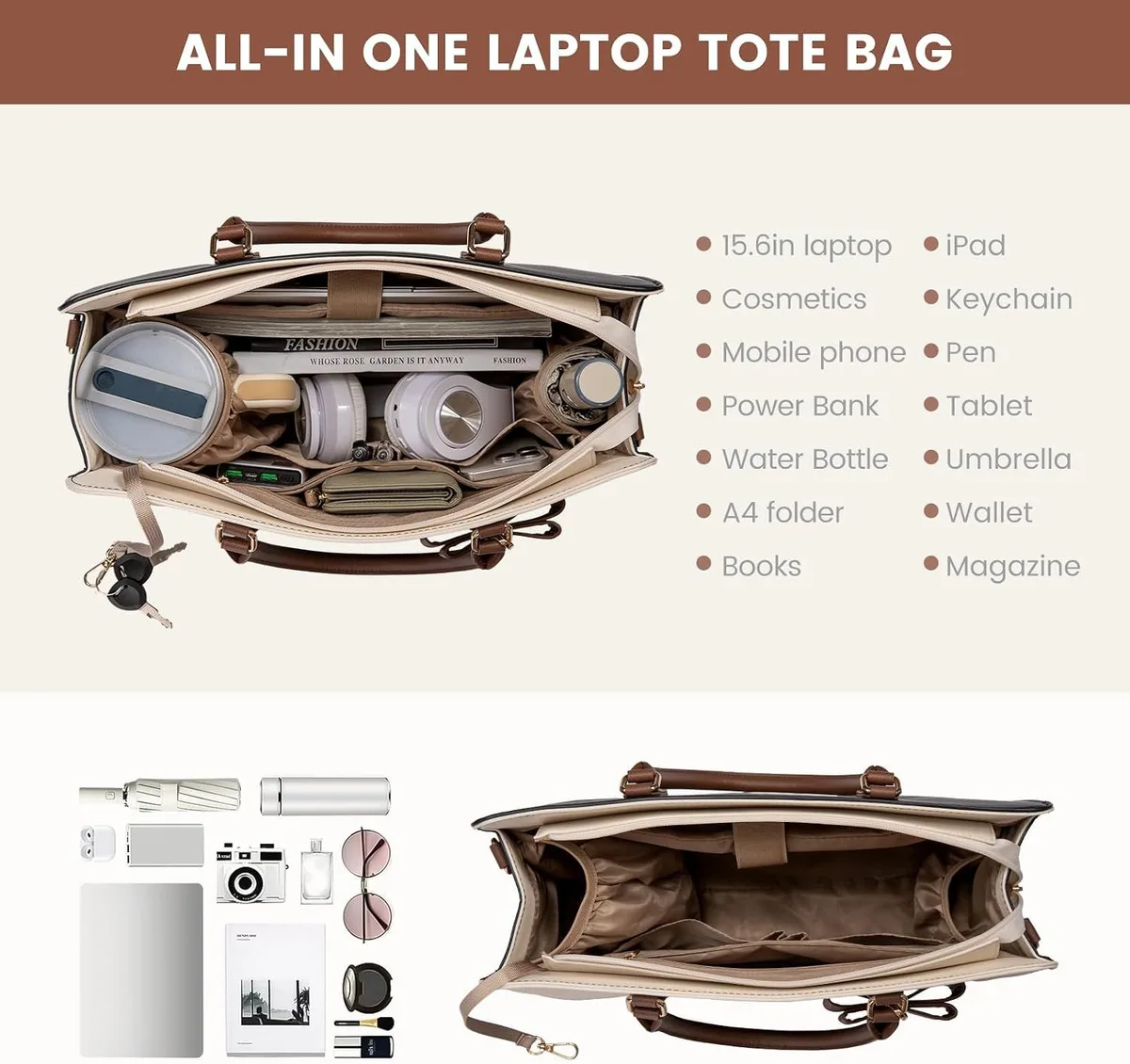 inside the laptop tote bag with laptop, tumbler, cosmetics and folders
