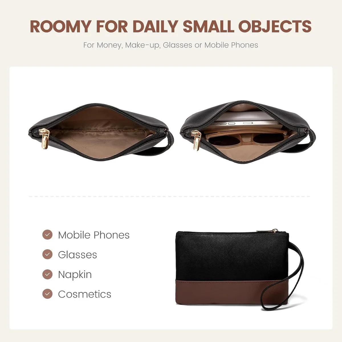 matching wristlet clutch for phone, glasses and cosmetics