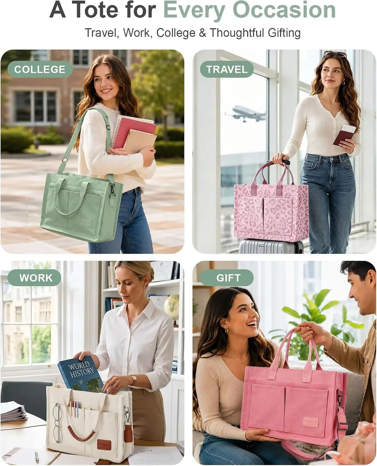 canvas tote bag carried for college, travel, work and as a gift
