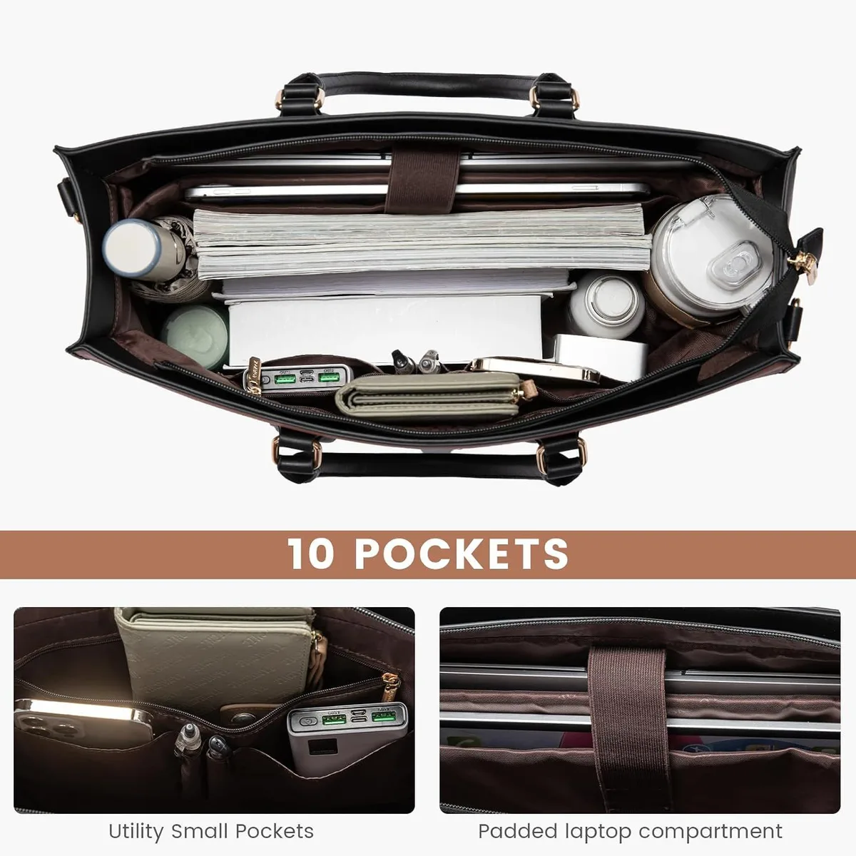 inside the color block laptop tote bag with 10 pockets and padded laptop compartment