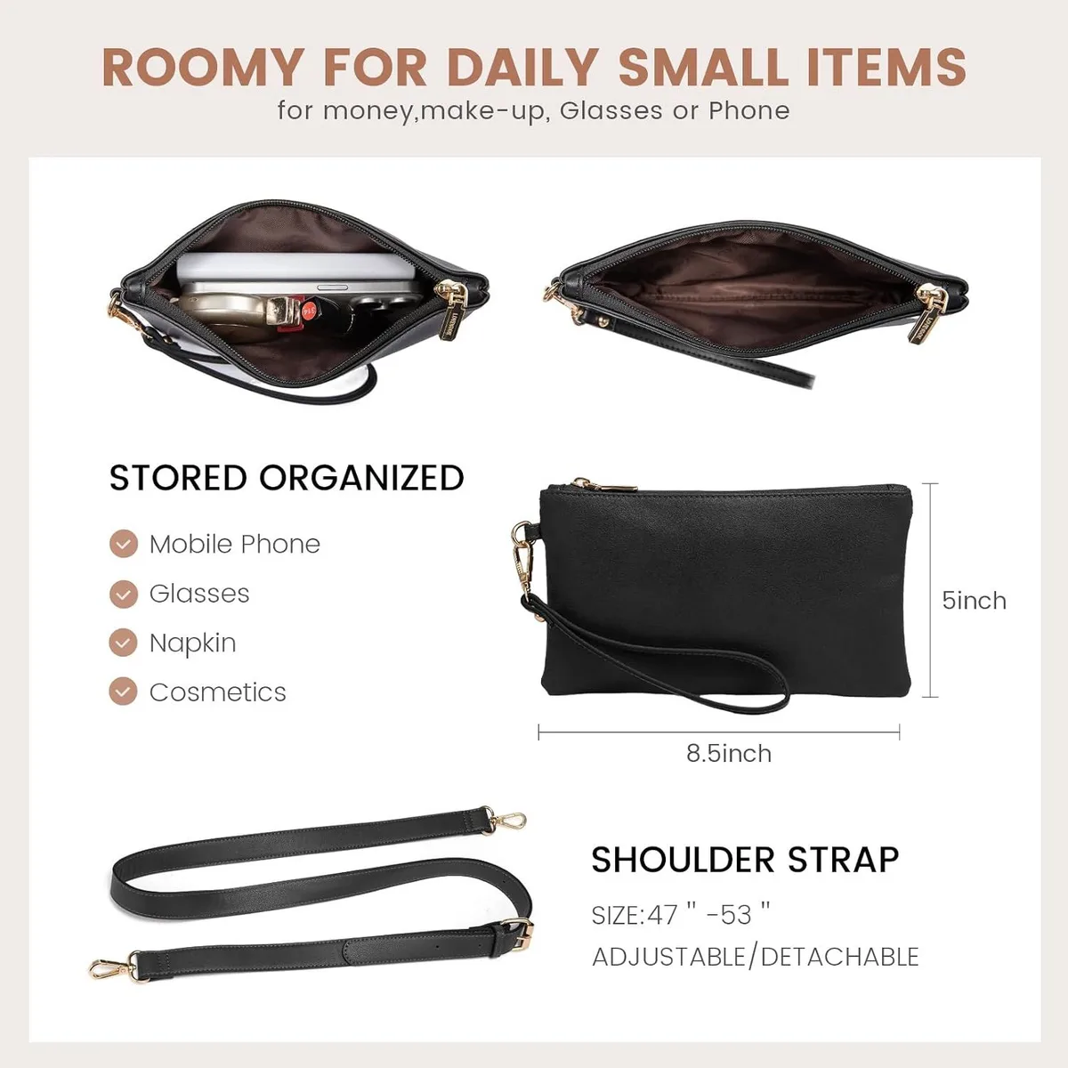 matching clutch and adjustable detachable shoulder strap for the laptop tote bag