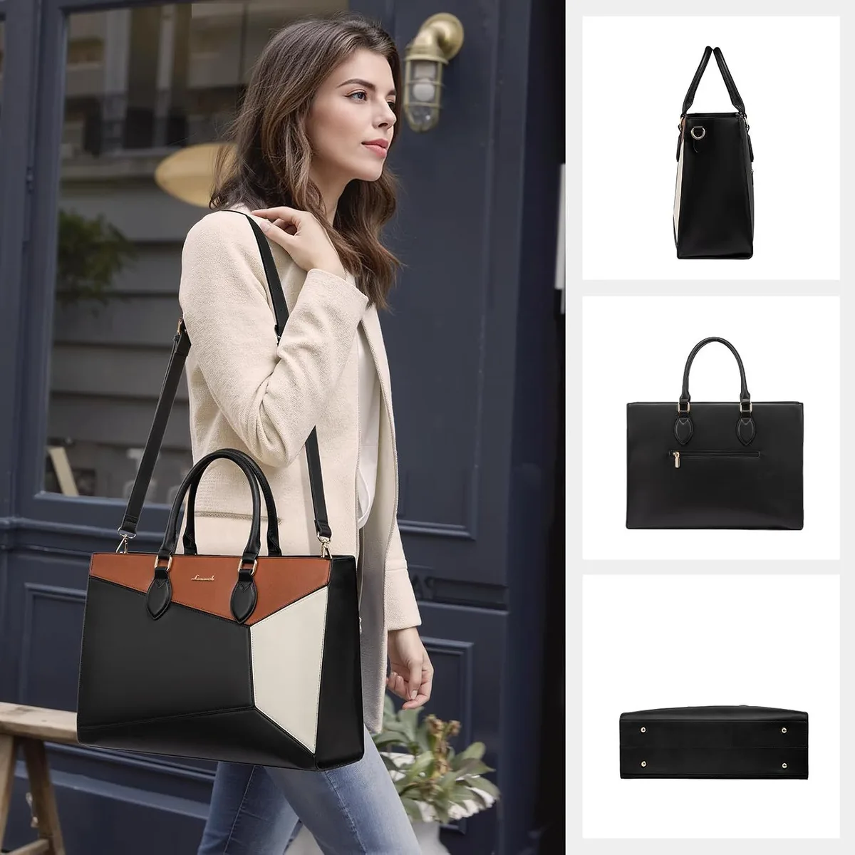woman wearing the color block laptop tote bag with side, back and bottom views