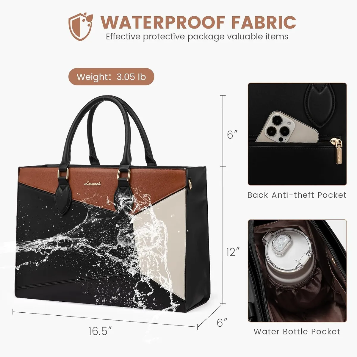 color block laptop tote bag size 16.5 x 12 x 6 inches, water-resistant finish, back pocket and bottle pocket