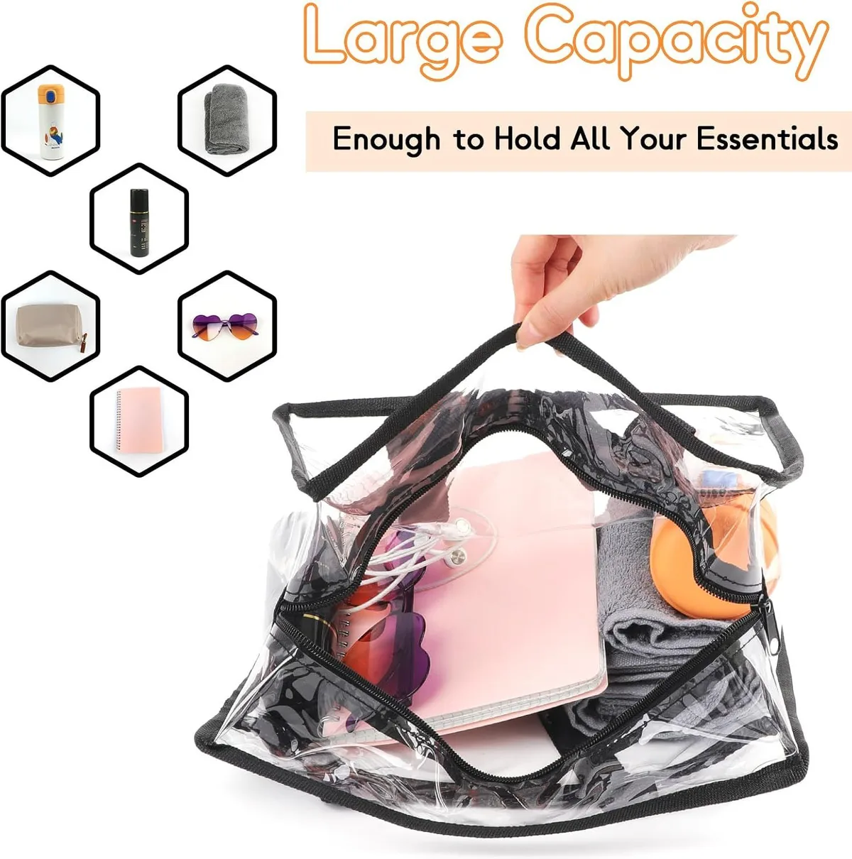 clear stadium tote bag packed with everyday essentials