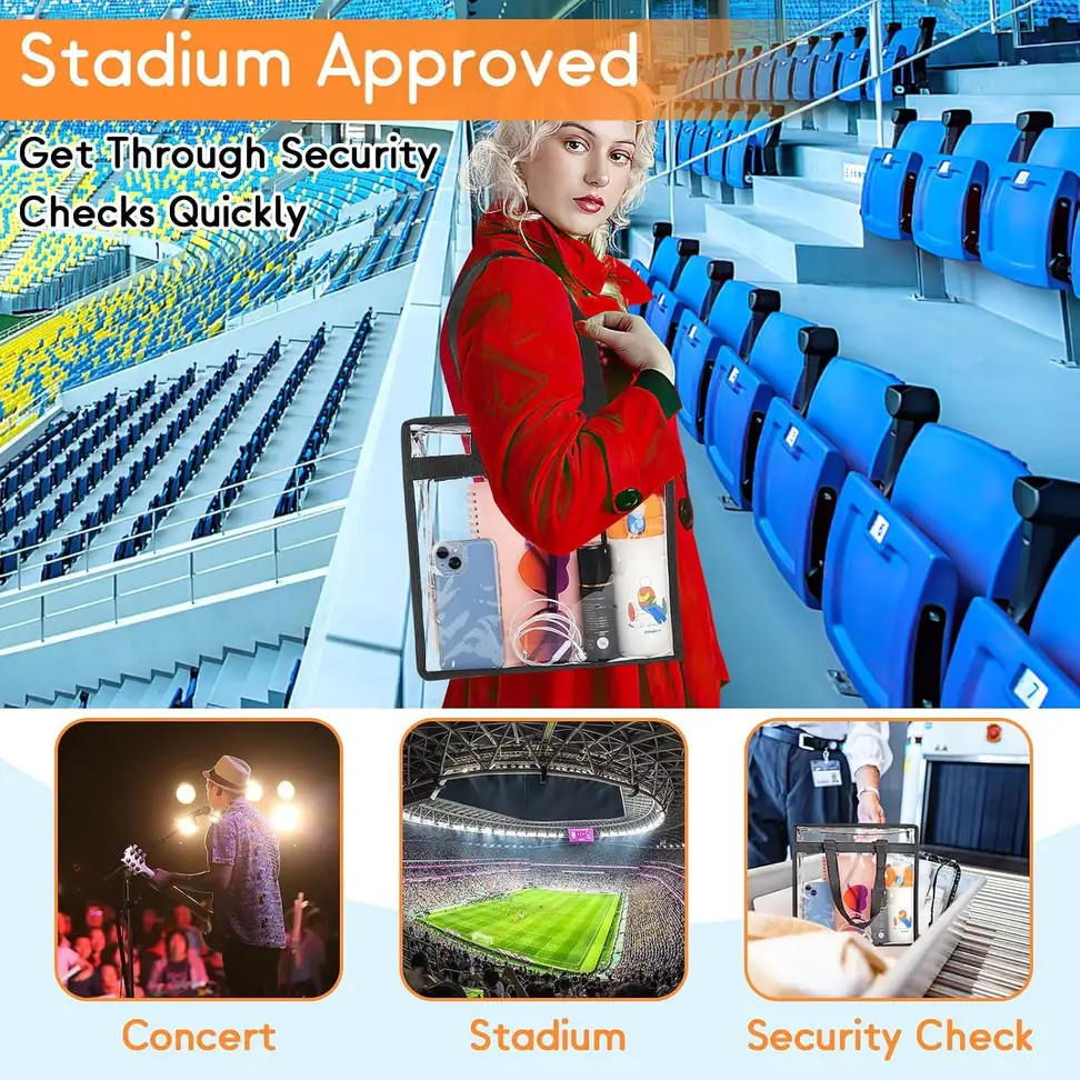 clear stadium tote bag at a stadium, concert and security check