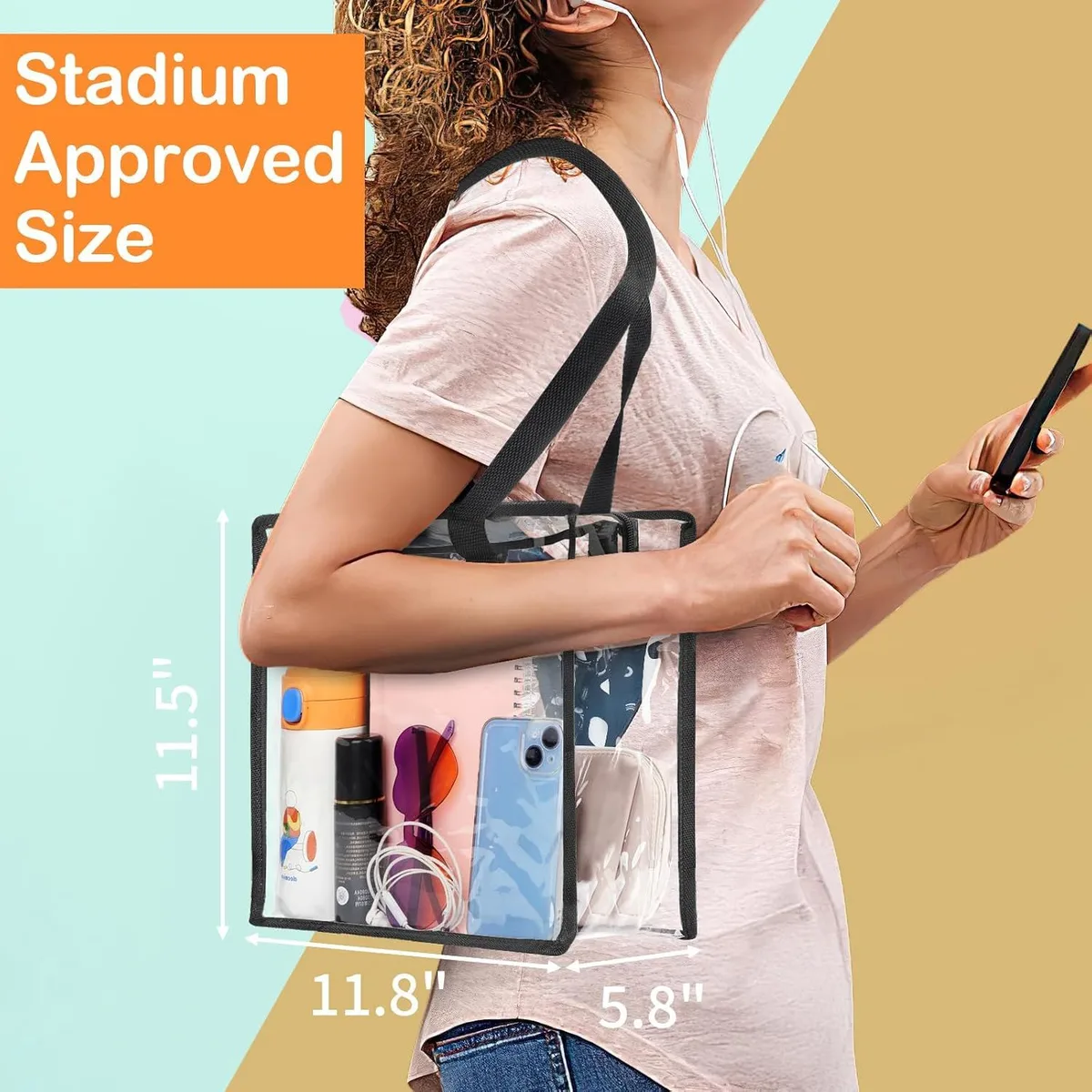 clear stadium tote bag size, 11.8 x 5.8 x 11.5 inches, worn on the shoulder