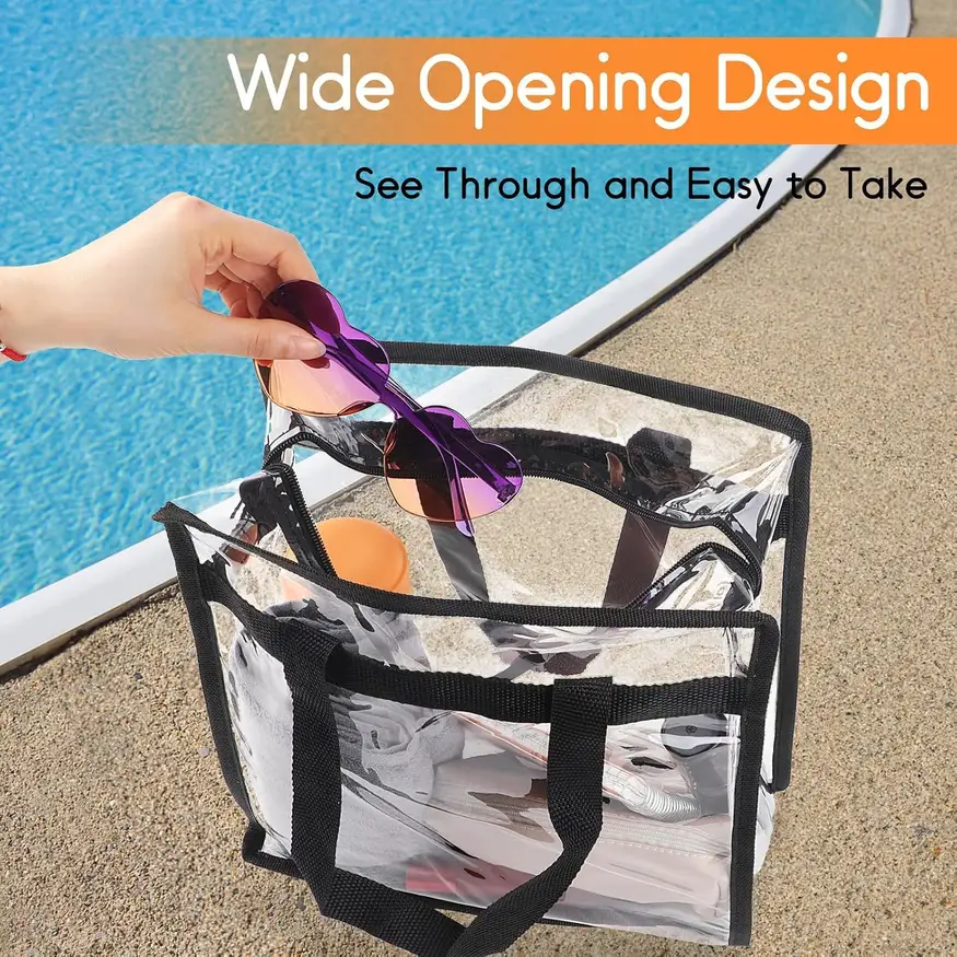 hand reaching into the wide opening of the clear stadium tote bag