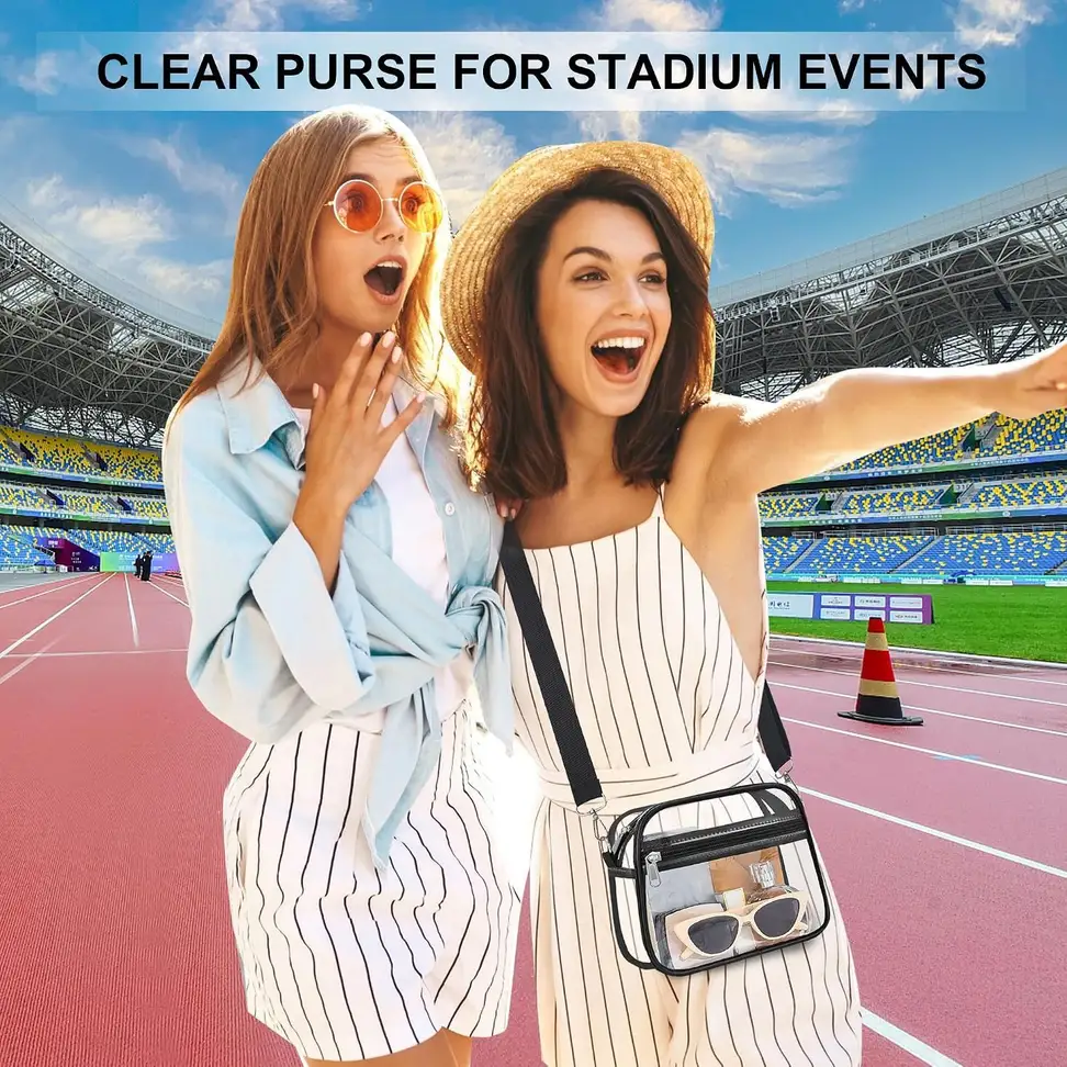 two friends at a stadium wearing a clear crossbody bag