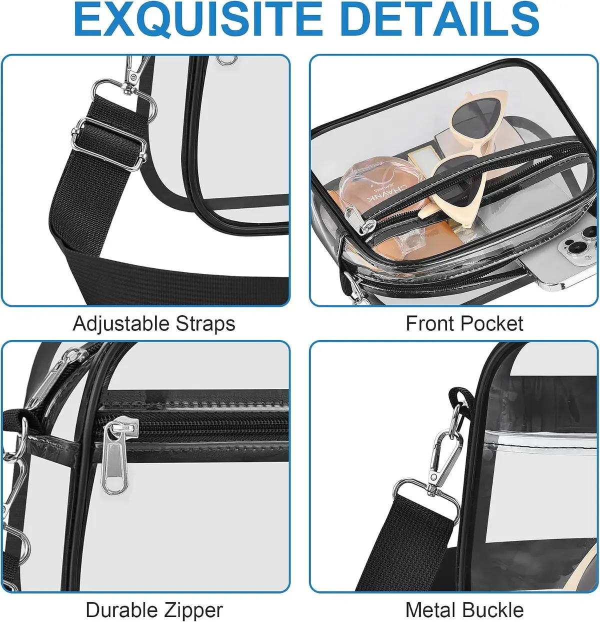 front zip pocket, zipper, strap and metal buckle of the clear crossbody bag