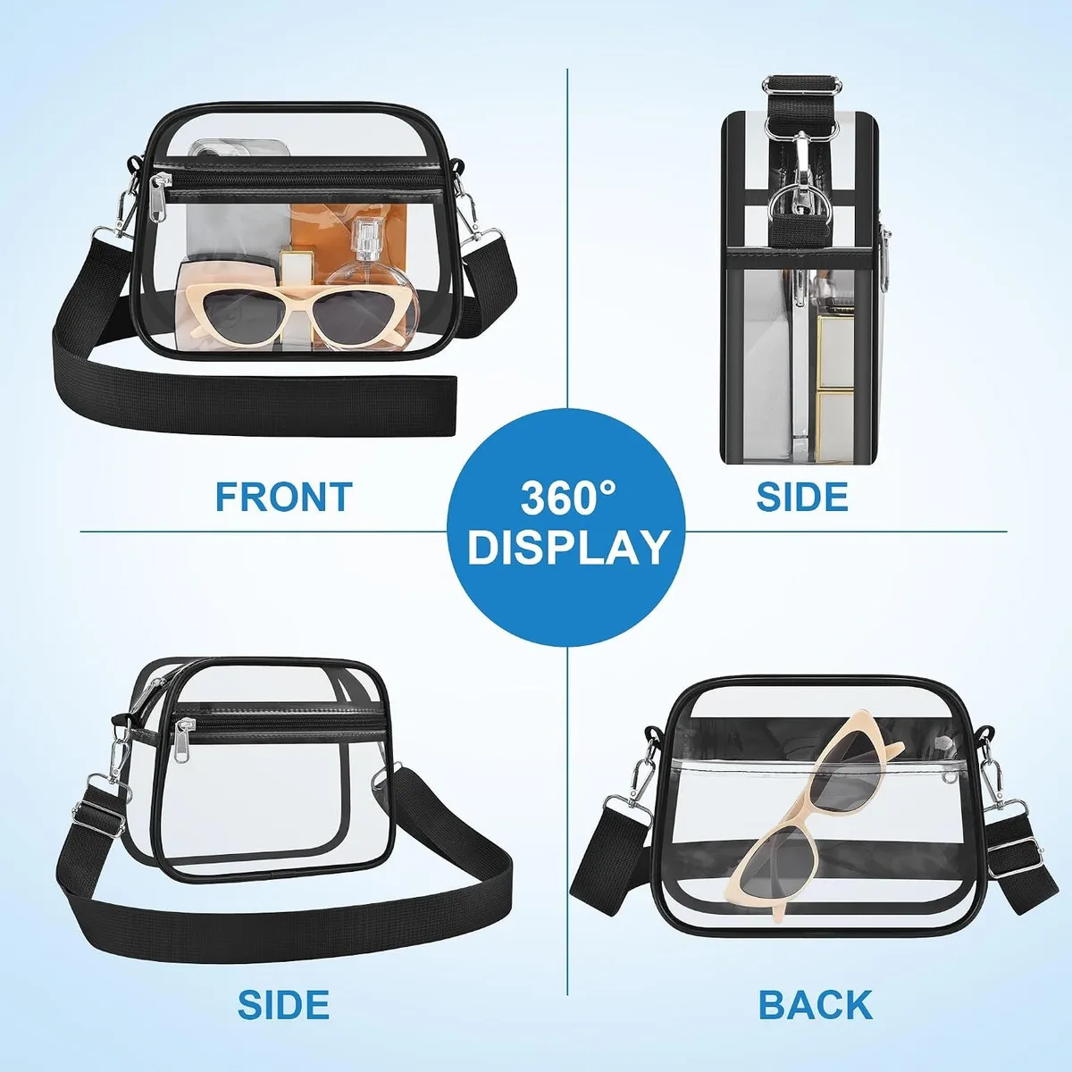 clear crossbody bag shown from the front, side and back