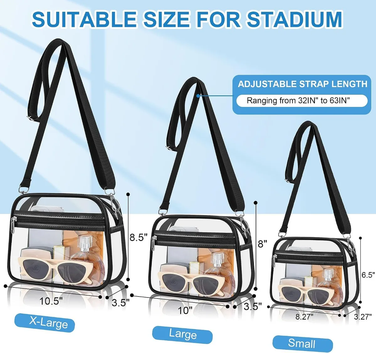 clear crossbody bag in small, large and extra large sizes with dimensions and strap length