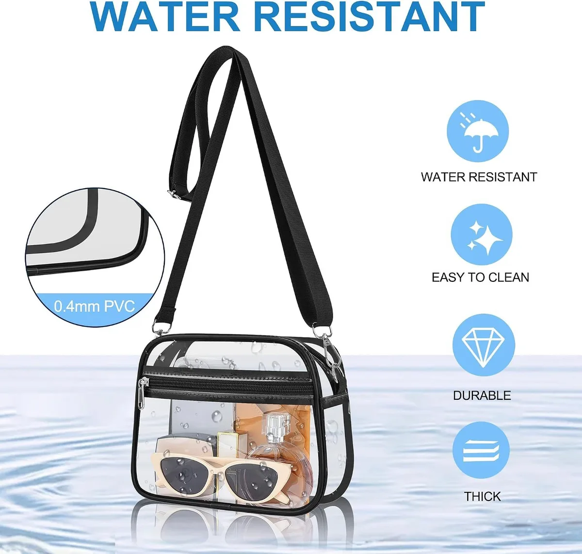 thick 0.4 mm PVC of the water-resistant clear crossbody bag