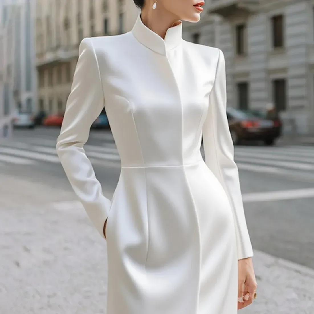 front of the white stand collar midi dress showing the raised waist seam