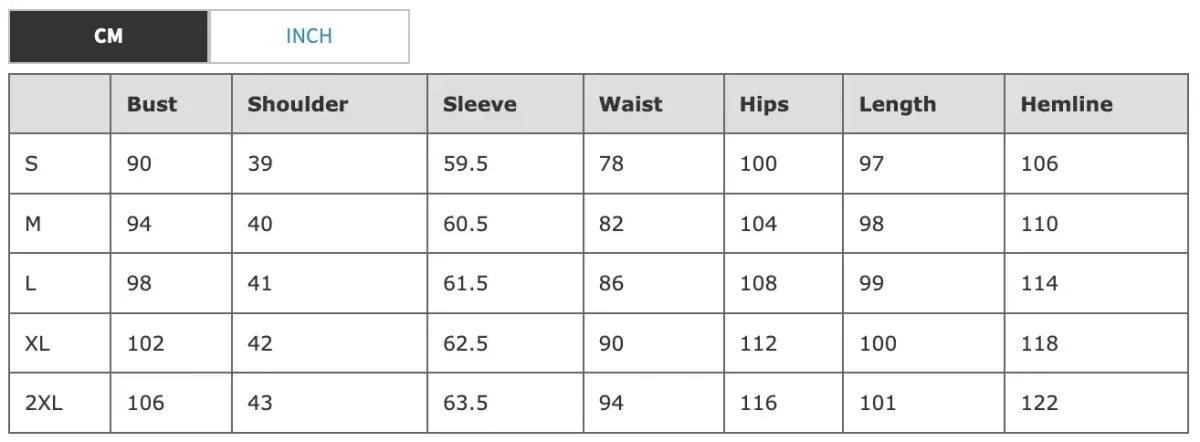 size chart for the white stand collar midi dress, sizes S to 2XL in centimeters