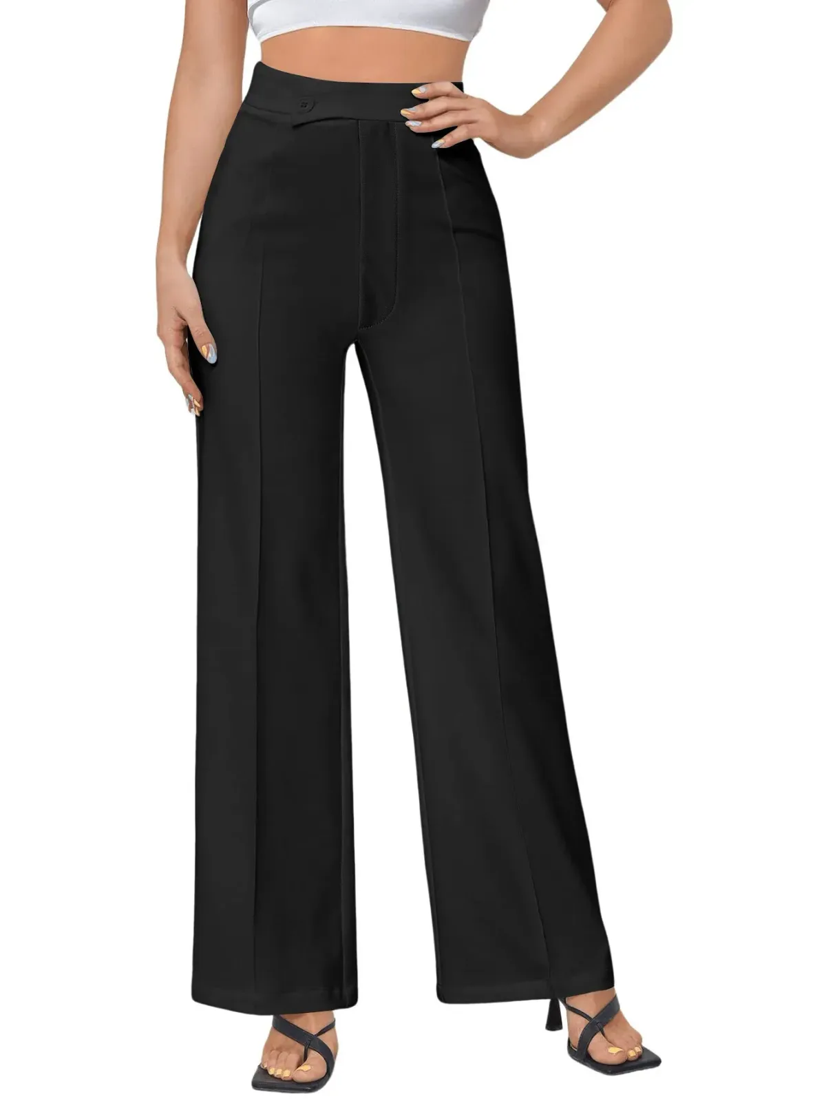 black straight leg dress pants styled with strappy heels
