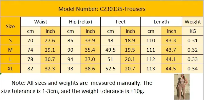 size chart for the straight leg dress pants in cm and inches