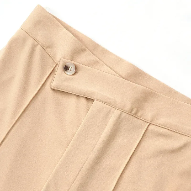 button tab waist and front seam detail of the straight leg dress pants