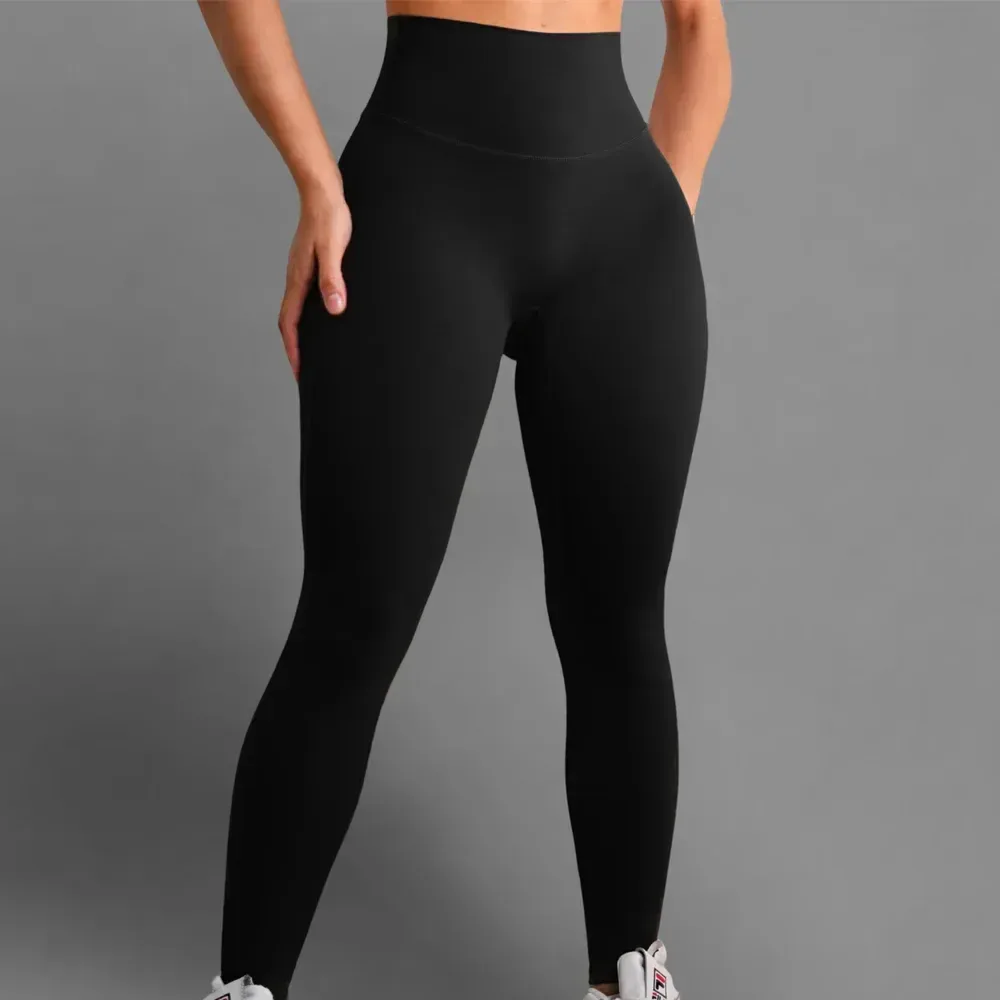 black full length high waist leggings with wide waistband