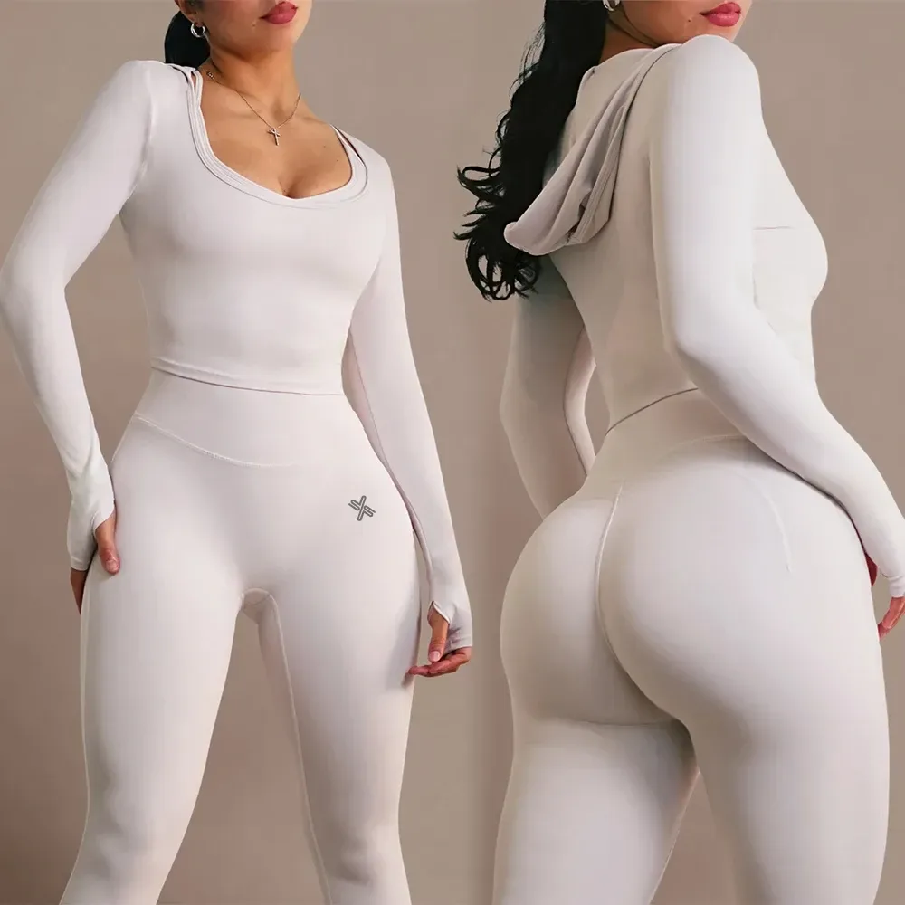 front and back view of the white hooded crop top and leggings activewear set