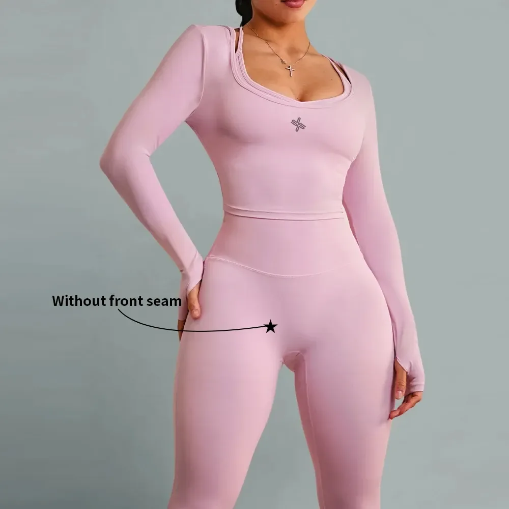 high waist leggings with no front seam in a pink activewear set