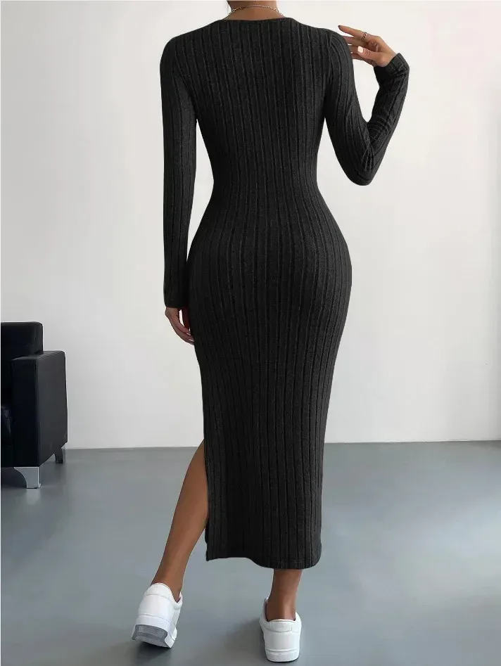 back of the black ribbed knit bodycon midi dress with side slit