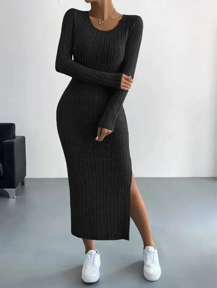 front of the black ribbed knit bodycon midi dress with round neck
