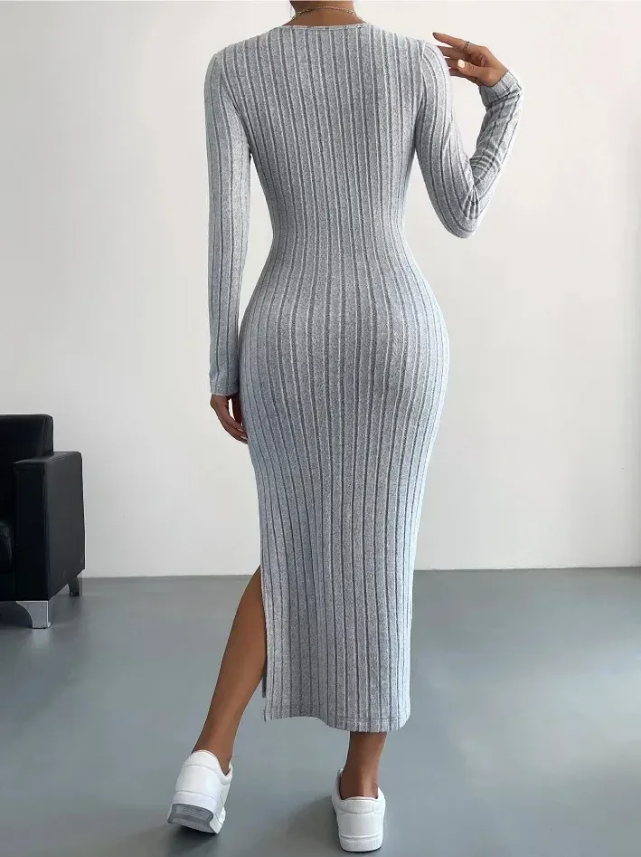 back view of the light grey ribbed knit bodycon midi dress