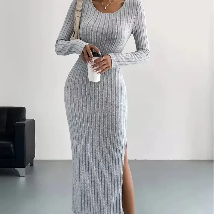 ribbed knit bodycon midi dress styled casually with sneakers and a coffee