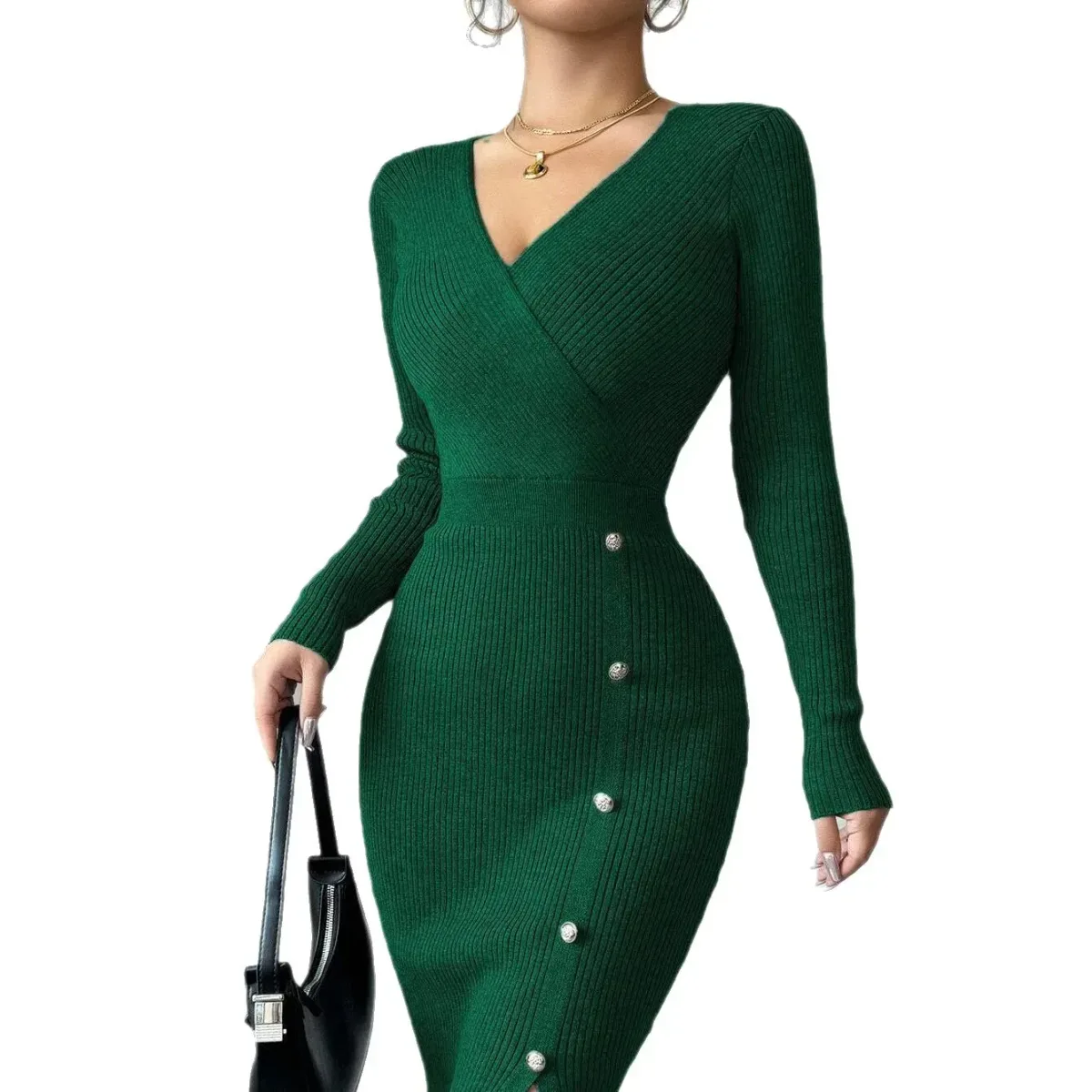 fine rib knit texture of the green wrap V neck midi dress