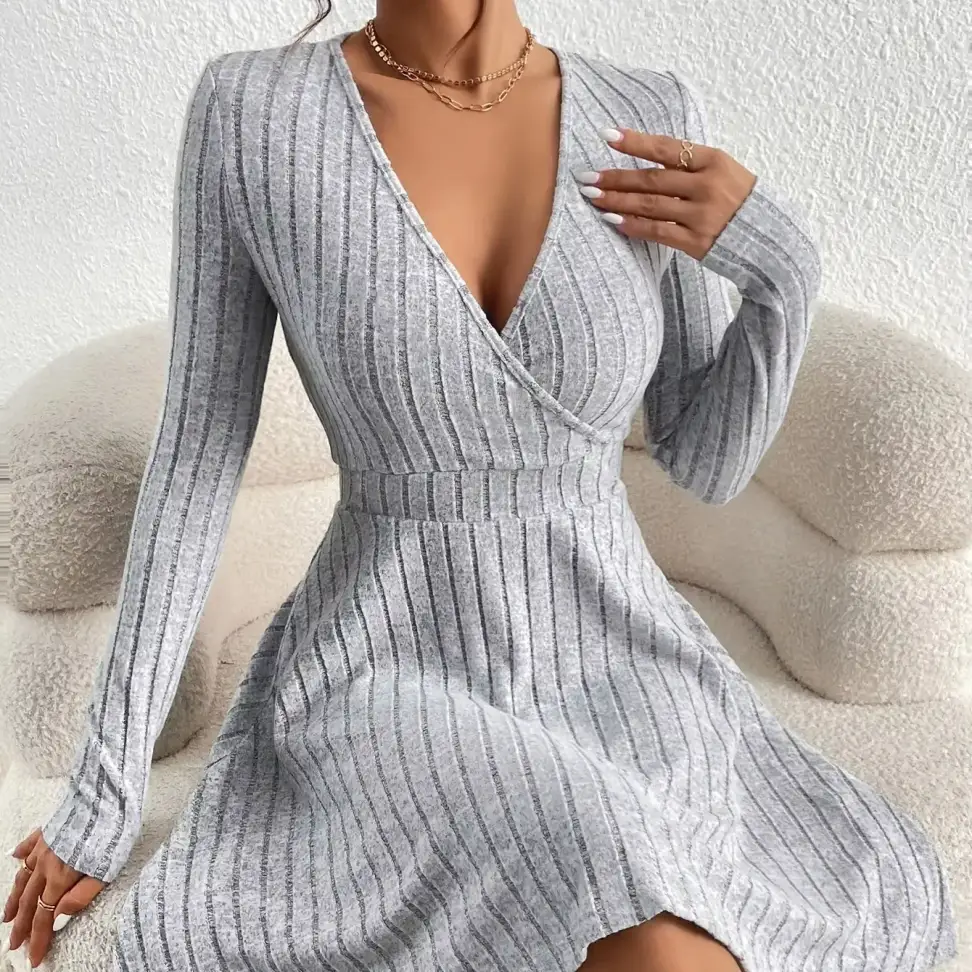 close up of the soft rib knit on the wrap V neck sweater dress