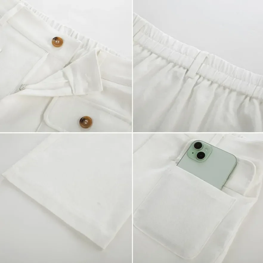 button flap pocket, elastic back waist and phone pocket details of the work pants