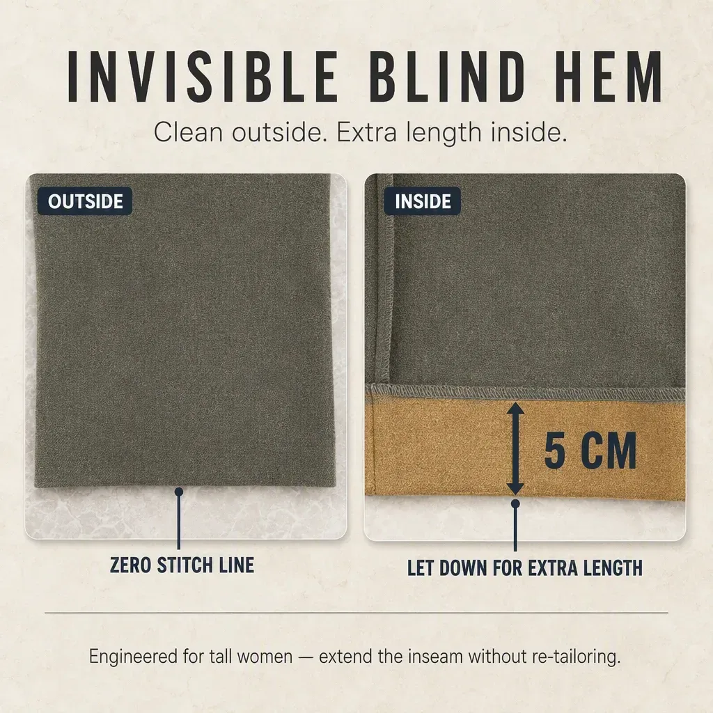 blind hem of the tall flare pants with 5 cm of extra length inside