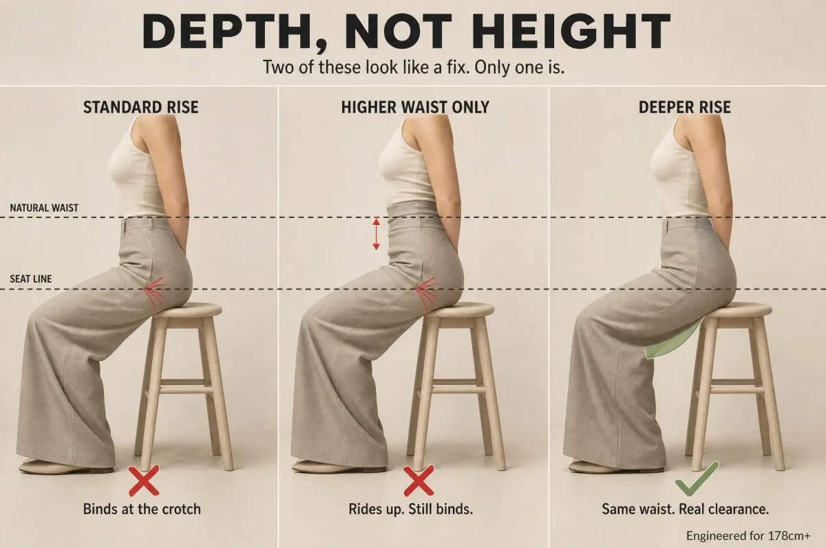 seated comparison showing the deeper rise of the tall women's flare pants