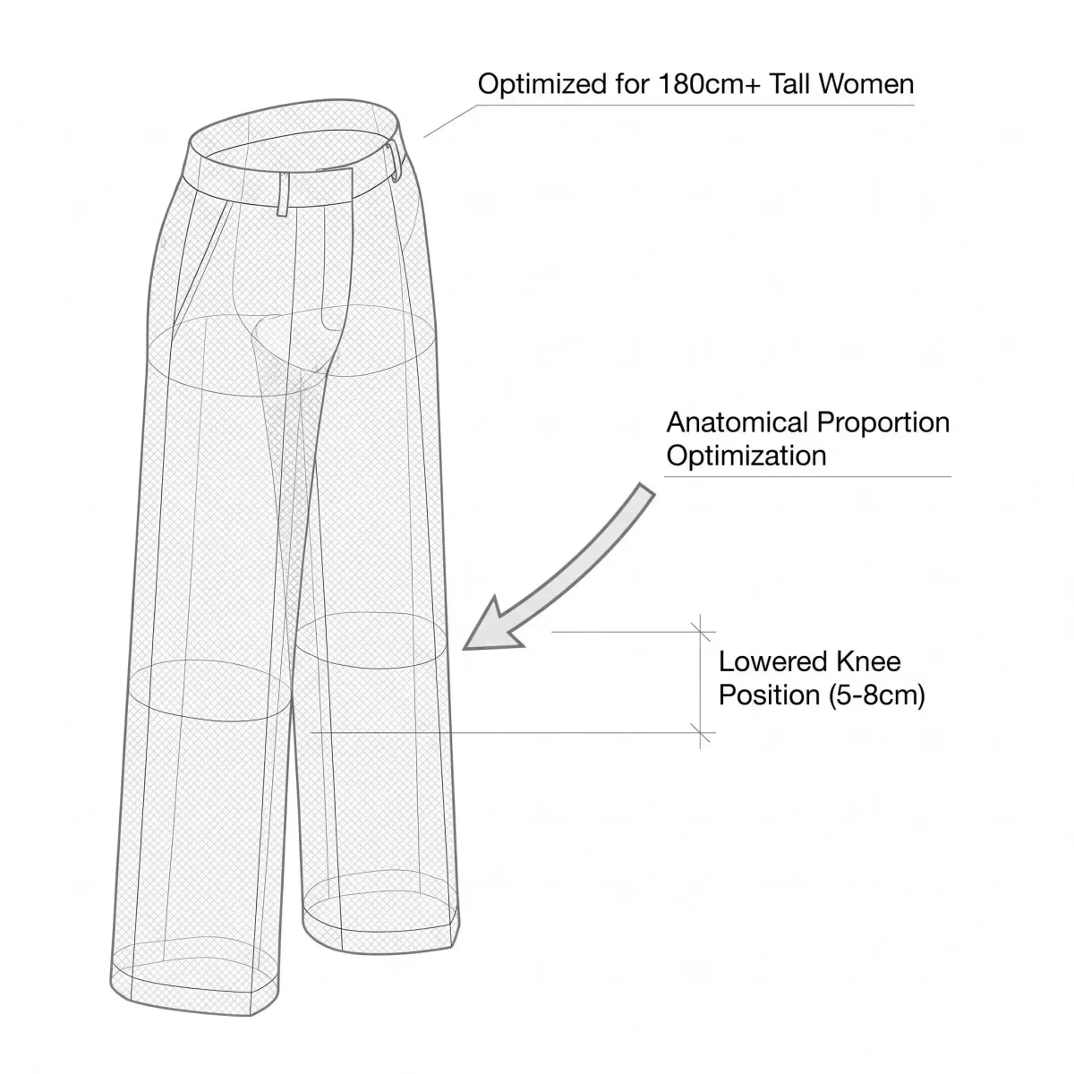 technical sketch of the tall flare pants with the knee lowered 5 to 8 cm