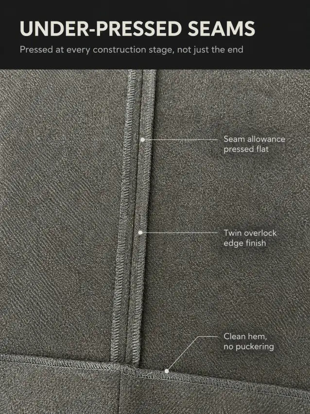 pressed seams and overlock finish inside the tall flare pants
