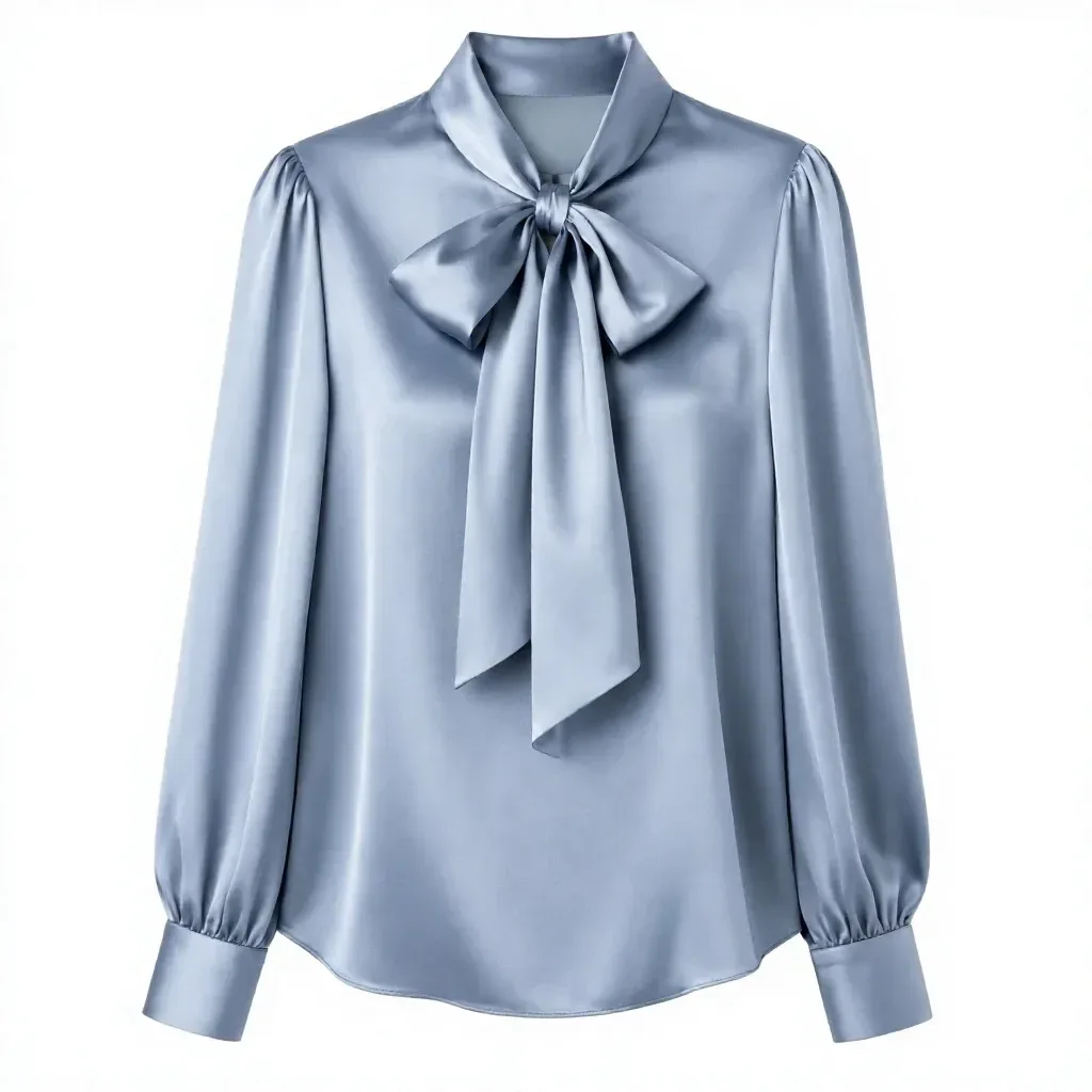 satin bow blouse showing gathered shoulders, bow collar and buttoned cuffs