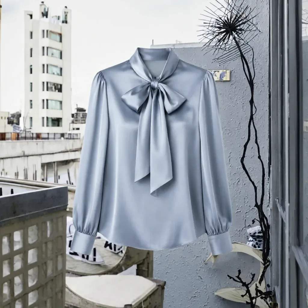 drape and sheen of the blue satin tie neck blouse by a window