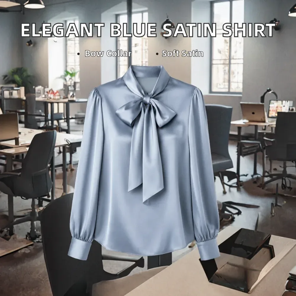 blue satin tie neck bow blouse in an office setting with bow collar and soft satin highlights