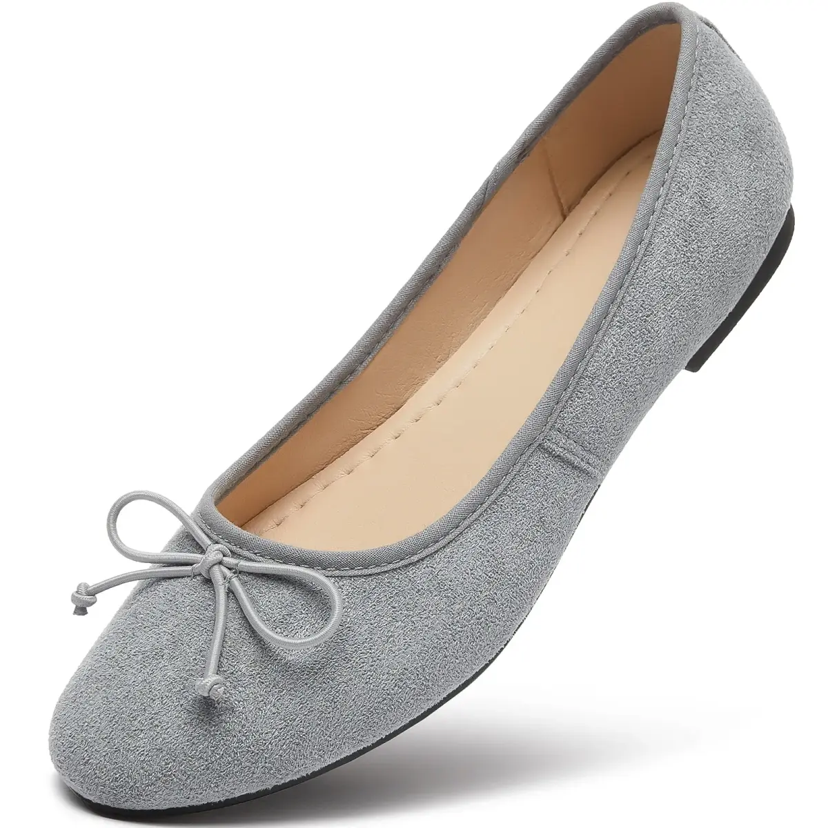 gray soft microsuede ballet flat with skinny tie bow