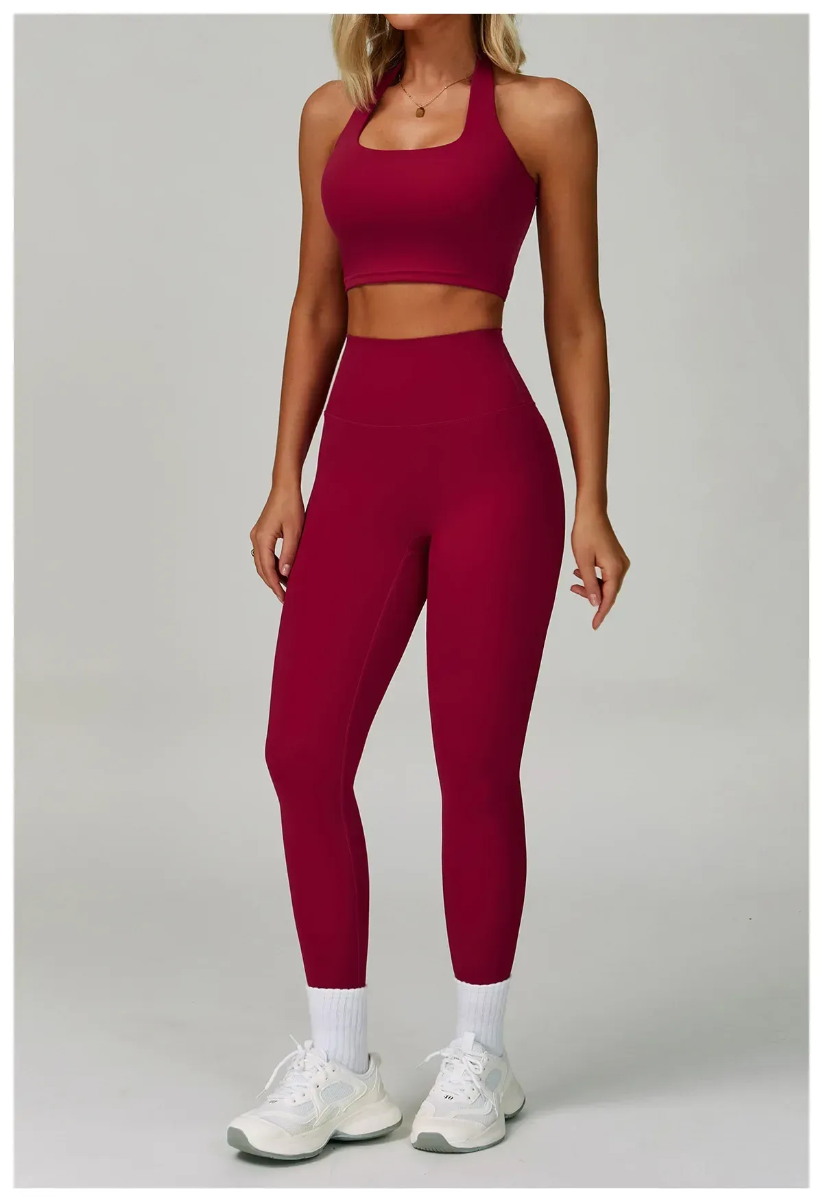 wine red sports bra and leggings activewear set, full length front view