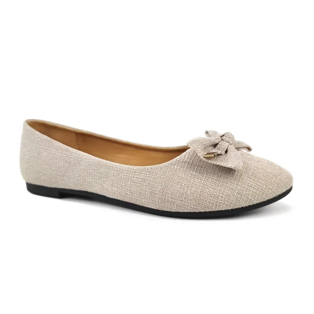 beige women's woven texture ballet flat with fabric bow and gold-tone accent