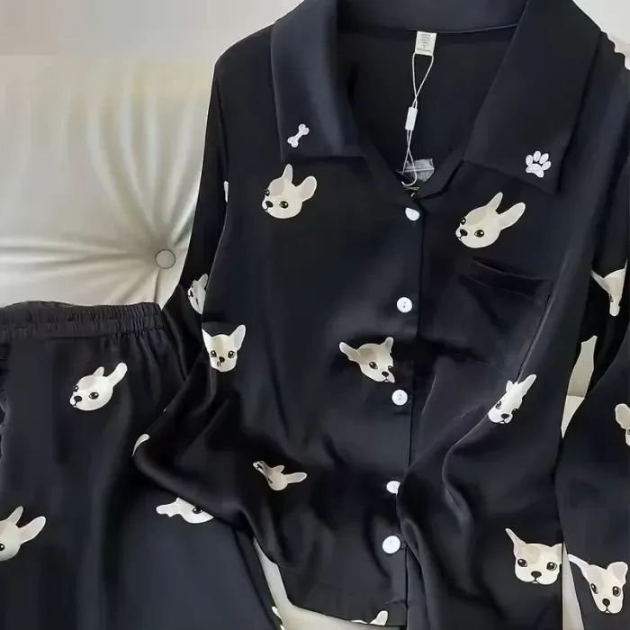 black puppy print satin pajama shirt with chest pocket