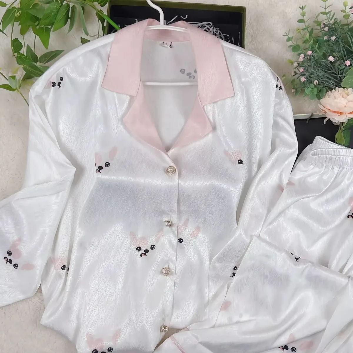 white satin pajama shirt with contrast pink notch collar and buttons