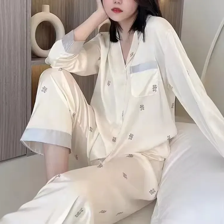 cream teddy print satin pajama set worn for lounging at home