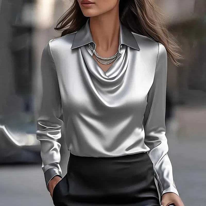 glossy sheen of the grey satin cowl neck blouse