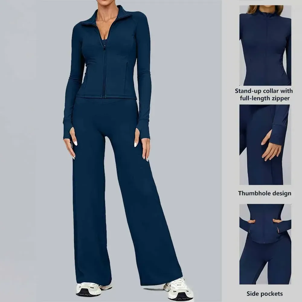 navy zip jacket and wide leg pants activewear set with stand-up collar, thumbhole and side pocket details