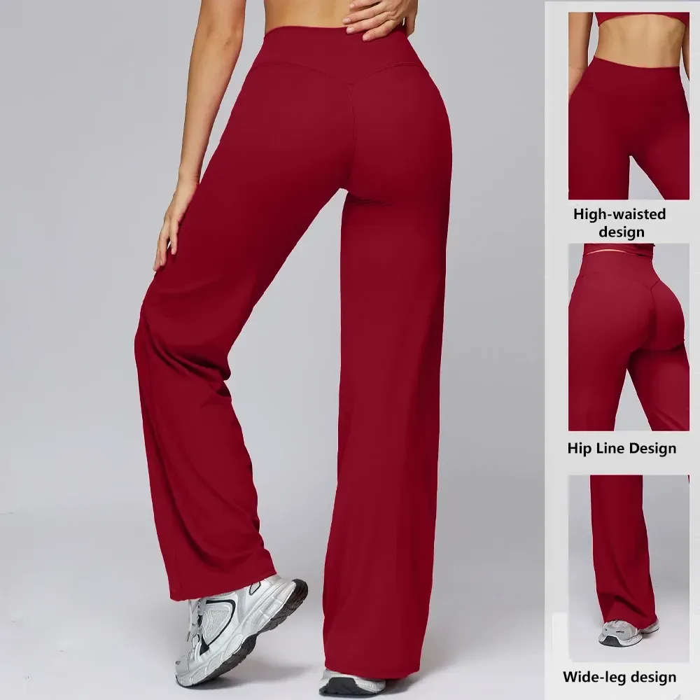 ruby red high waist wide leg pants showing the high waist, hip line and wide leg