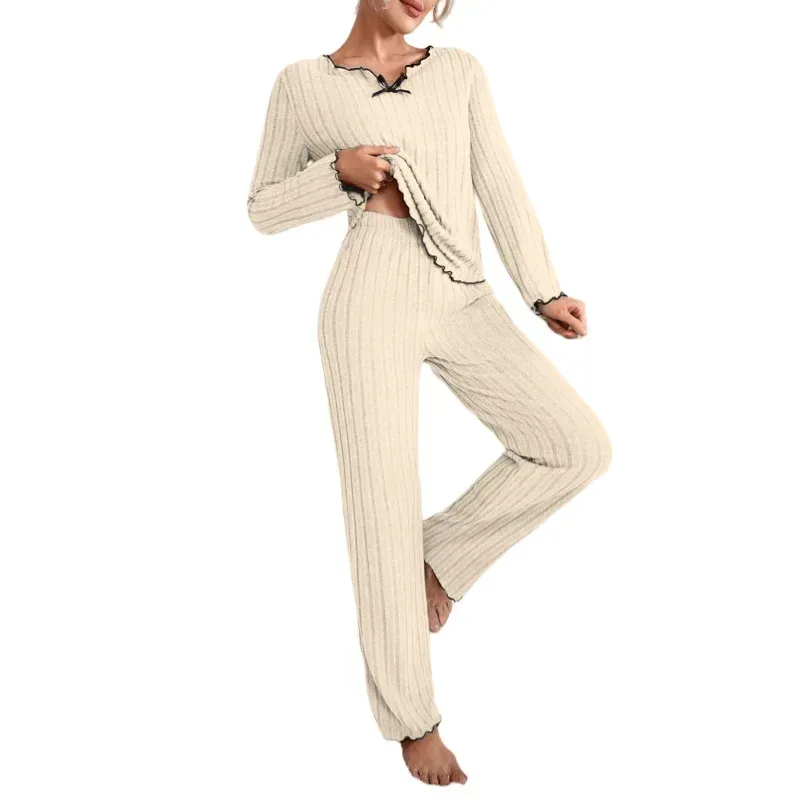 bow and notched V neckline on the ribbed loungewear top