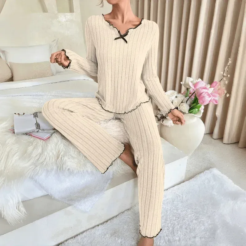 contrast lettuce trim on the cuffs and hem of the ribbed loungewear set