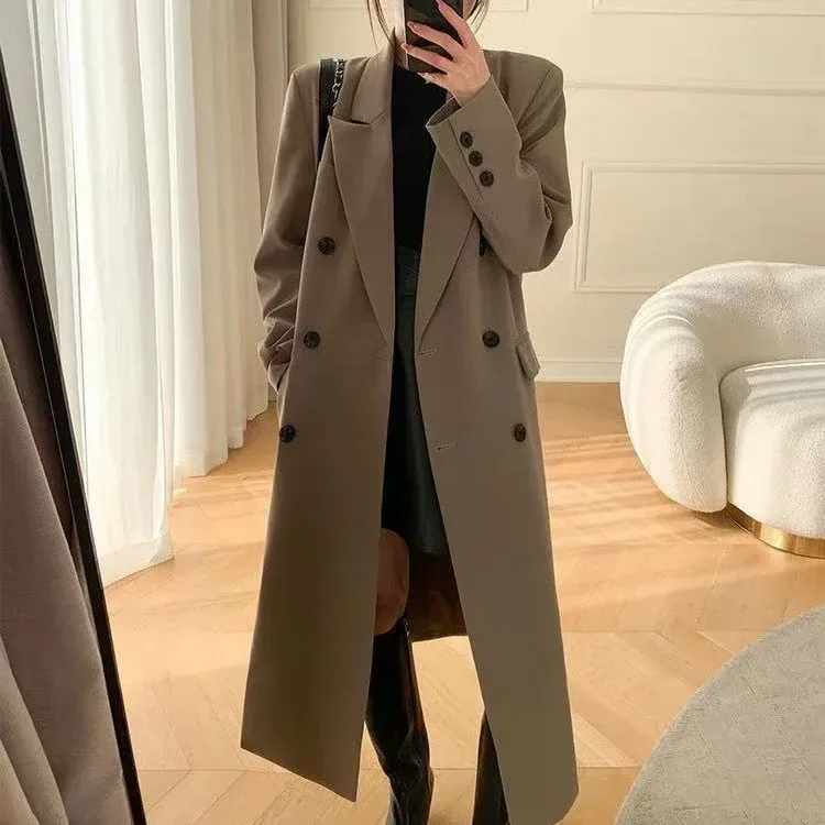 below the knee length of the long double breasted coat